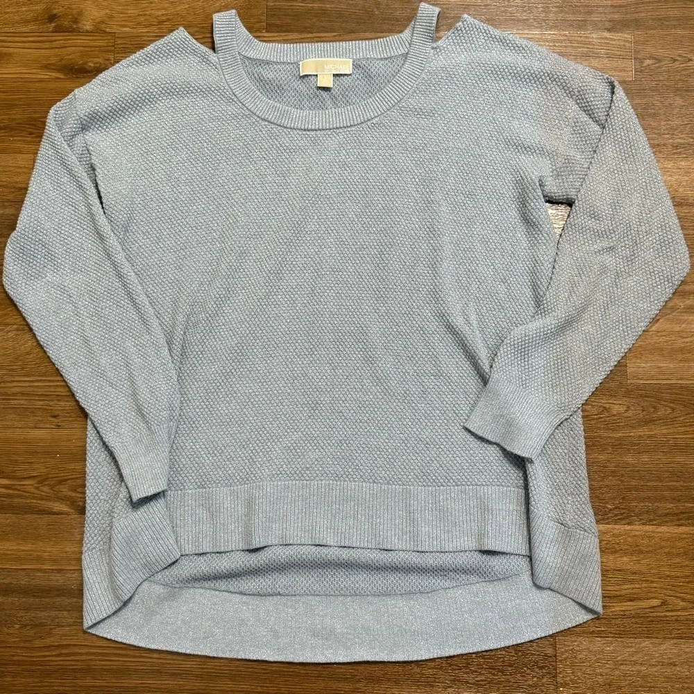 Michael Kors gray silver sparkle peek a boo shoulder split hem sweater XL EUC